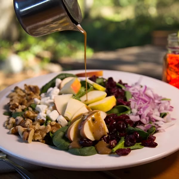 A vibrant salad with spinach, walnuts, feta, apples, cranberries, and red onion, drizzled with dressing.