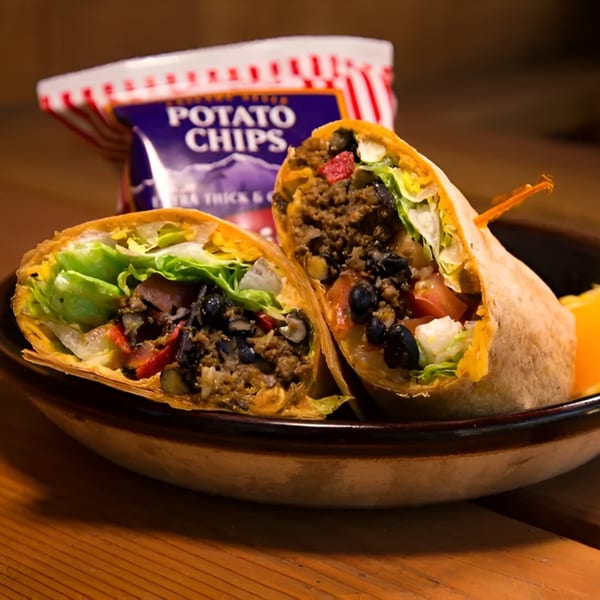 Two halves of a Wraptitude burger wrap filled with meat, beans, and lettuce, with a bag of chips.
